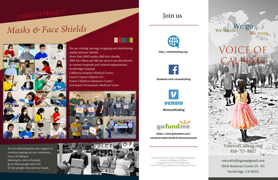 Voice of Calling brochure, outside pages: Masks and Face Shields, Join us, and a cover