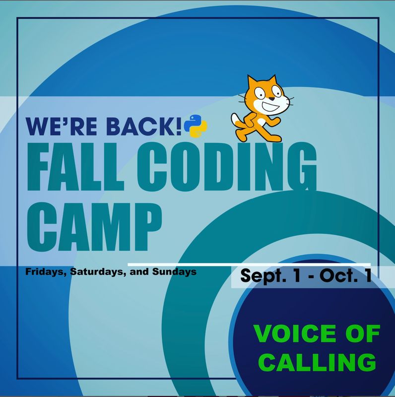 Flyer for a Voice of Calling fall coding camp, with the Scratch cat and the Python logo
