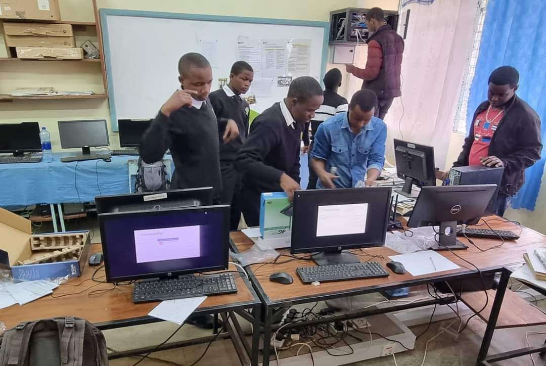 Students at computers in the computer lab at Ilboru Secondary School in Tanzania