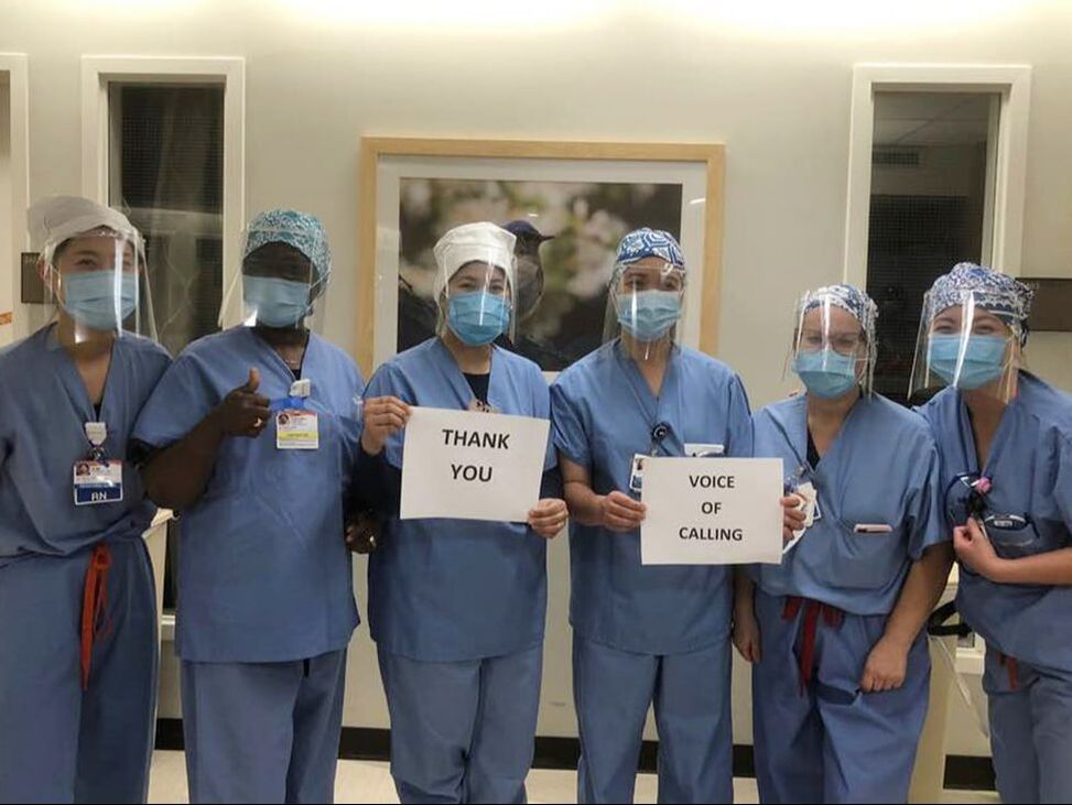 A hospital team wearing our face shields